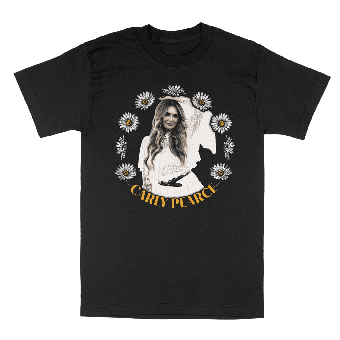 A black short-sleeve crewneck t-shirt featuring a front graphic print of Carly Pearce surrounded by white daisies, with her name printed in yellow at the bottom.