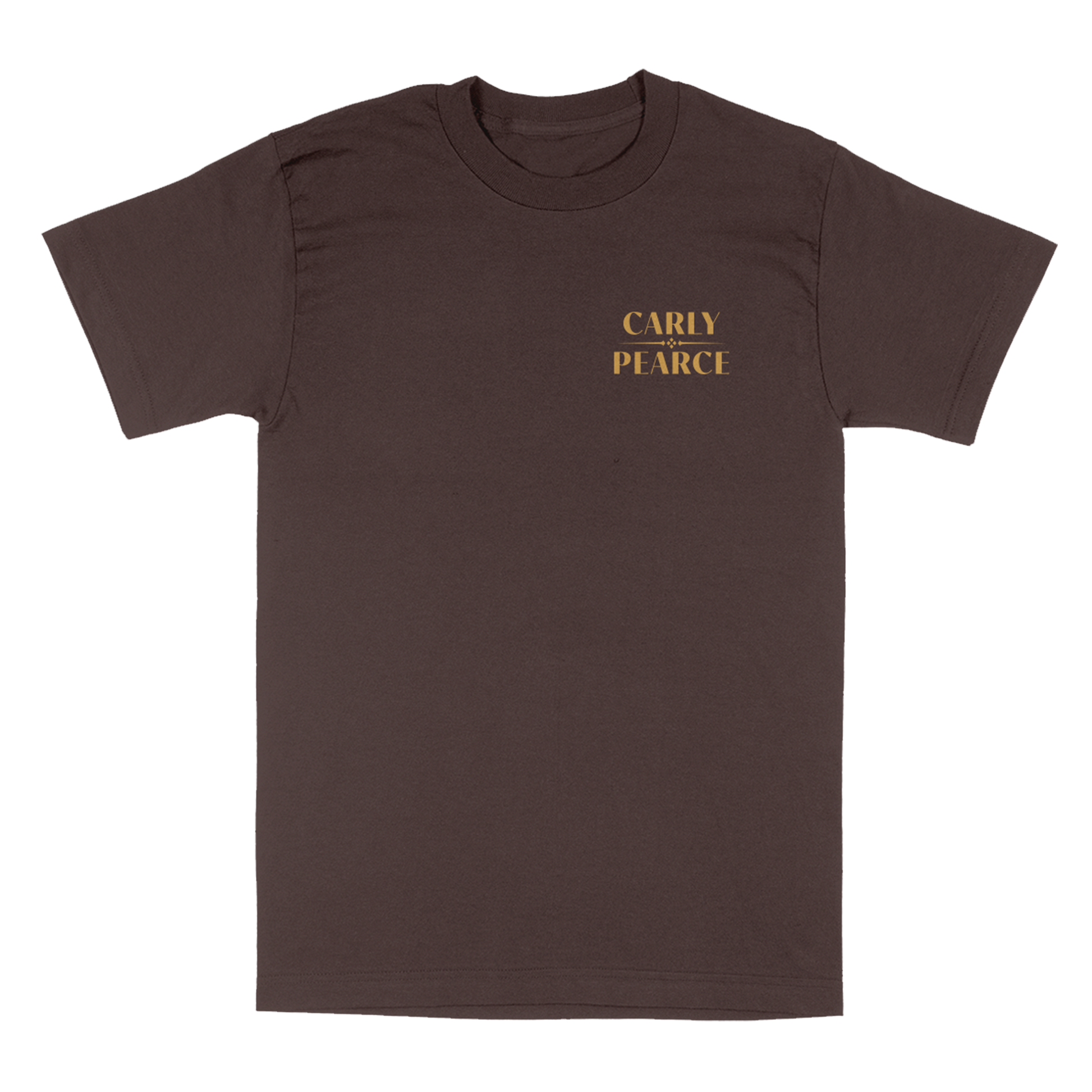 brown short sleeve tee with Carly Pearce logo on the front chest