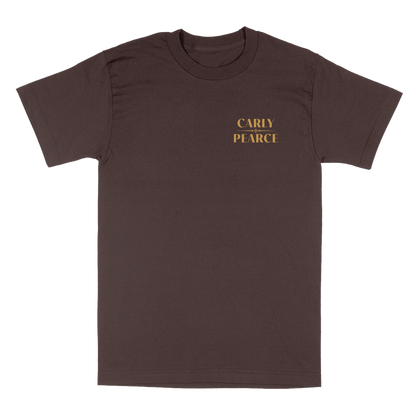 brown short sleeve tee with Carly Pearce logo on the front chest