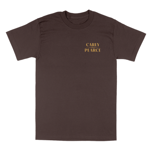 brown short sleeve tee with Carly Pearce logo on the front chest