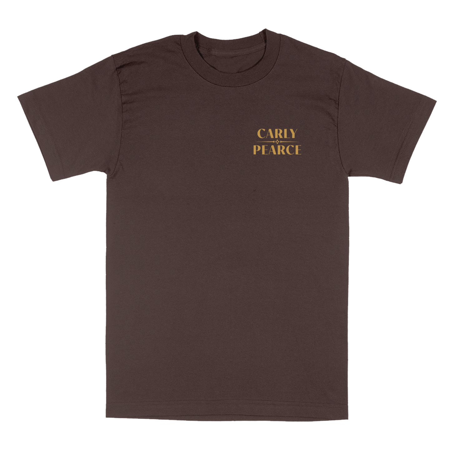 brown short sleeve tee with Carly Pearce logo on the front chest