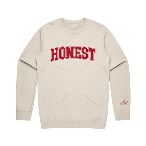 Honest screenprinted on the front of a sand sweatshirt with Carly Pearce logo on the sleeve