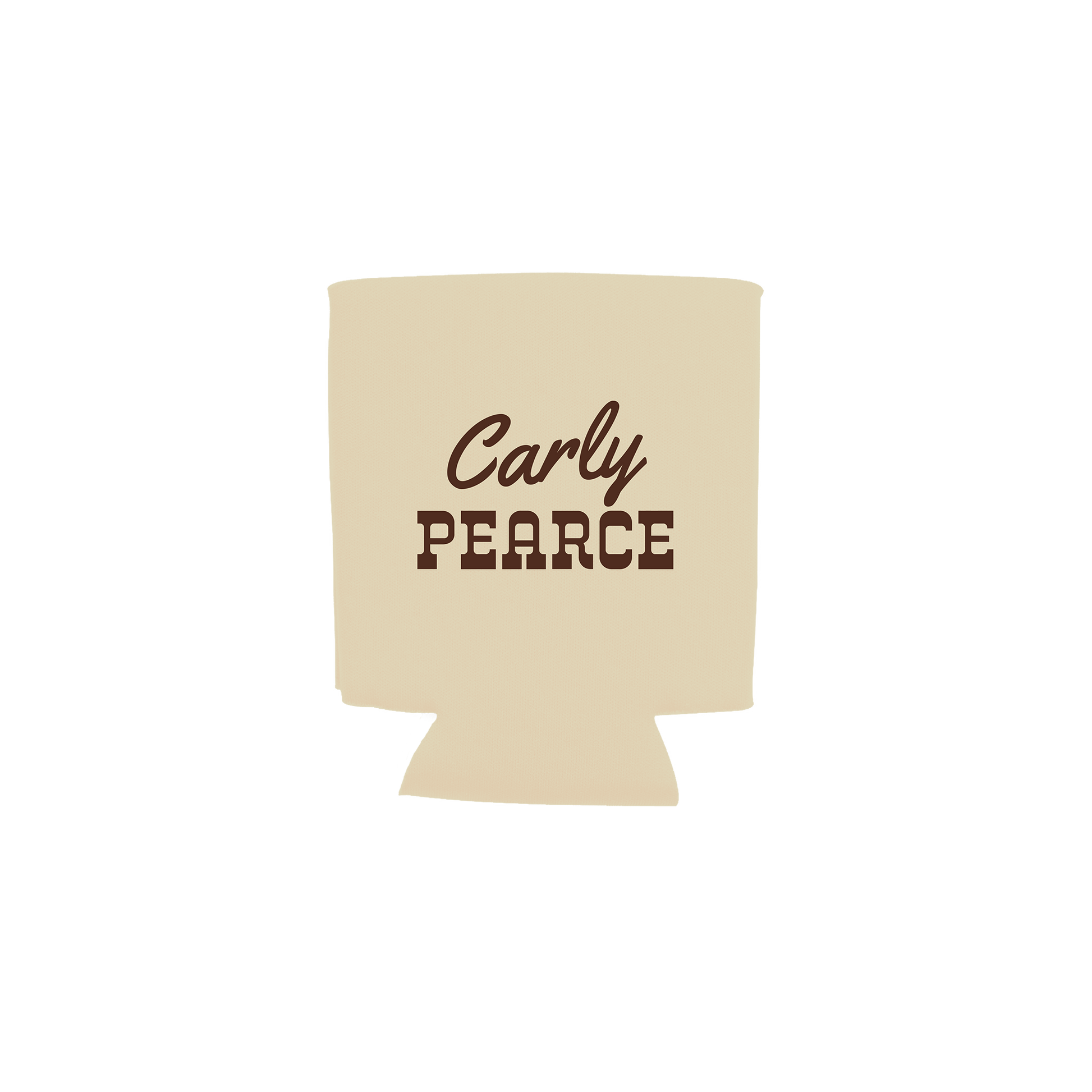 A beige can cooler sleeve with the text 'Carly PEARCE' printed in dark brown on the front