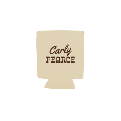 A beige can cooler sleeve with the text 'Carly PEARCE' printed in dark brown on the front