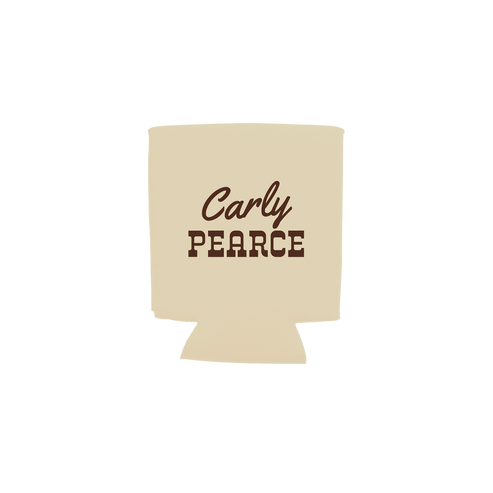 A beige can cooler sleeve with the text 'Carly PEARCE' printed in dark brown on the front
