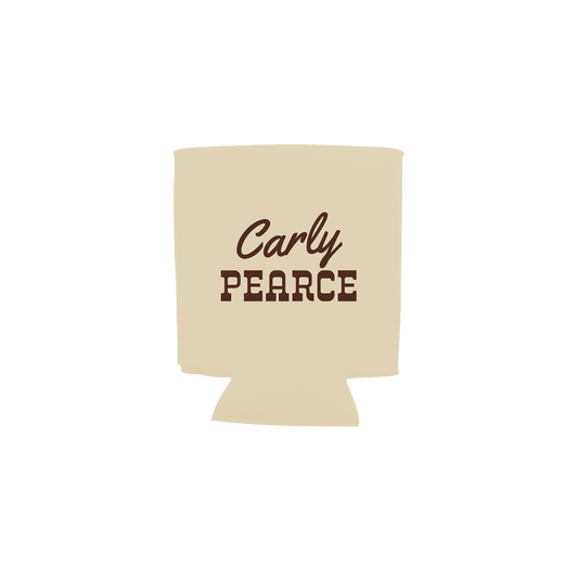 A beige can cooler sleeve with the text 'Carly PEARCE' printed in dark brown on the front