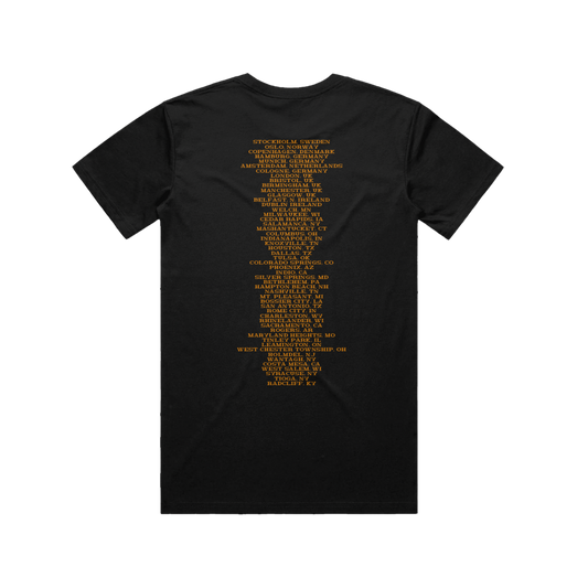 Black t-shirt with yellow text  of all the 2025 tour dates on the back 
