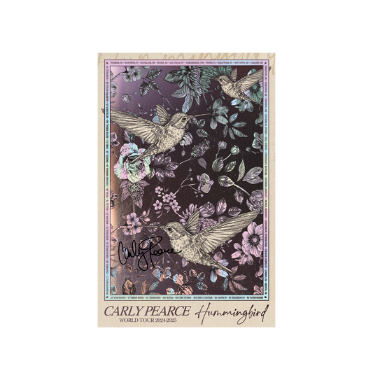 Tour poster with hummingbird design and 'Carly Pearce' signature
