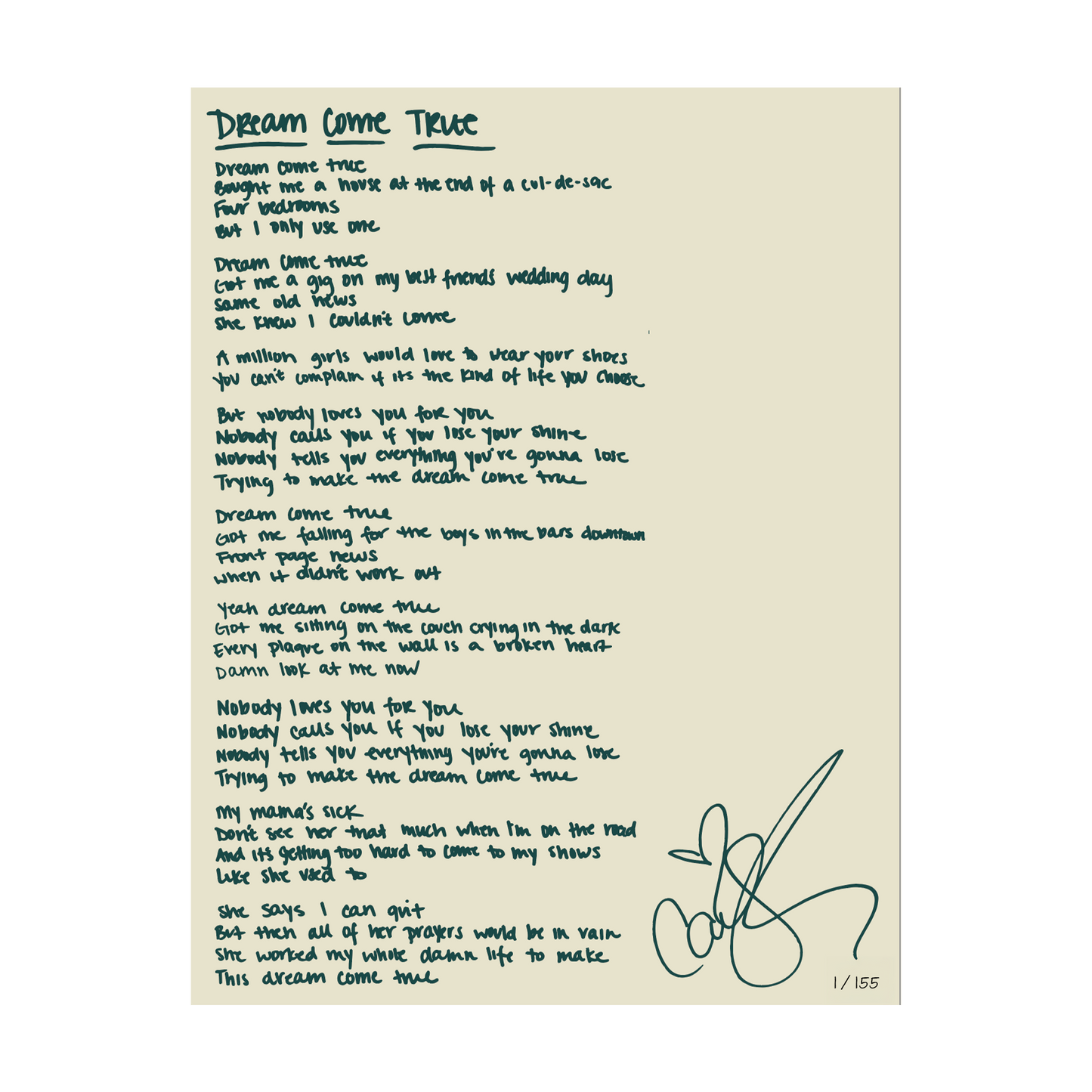 Dream Come True Lyric Sheet [Signed]